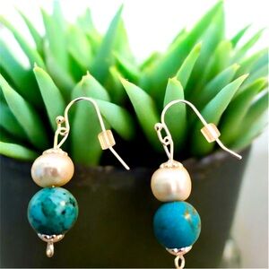 Handmade Sterling Silver 925 freshwater pearl with genuine turquoise earnings
